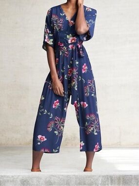 Gap Navy Floral Botanical V Neck Short Sleeve Cropped Length Belted Jumpsuit 8